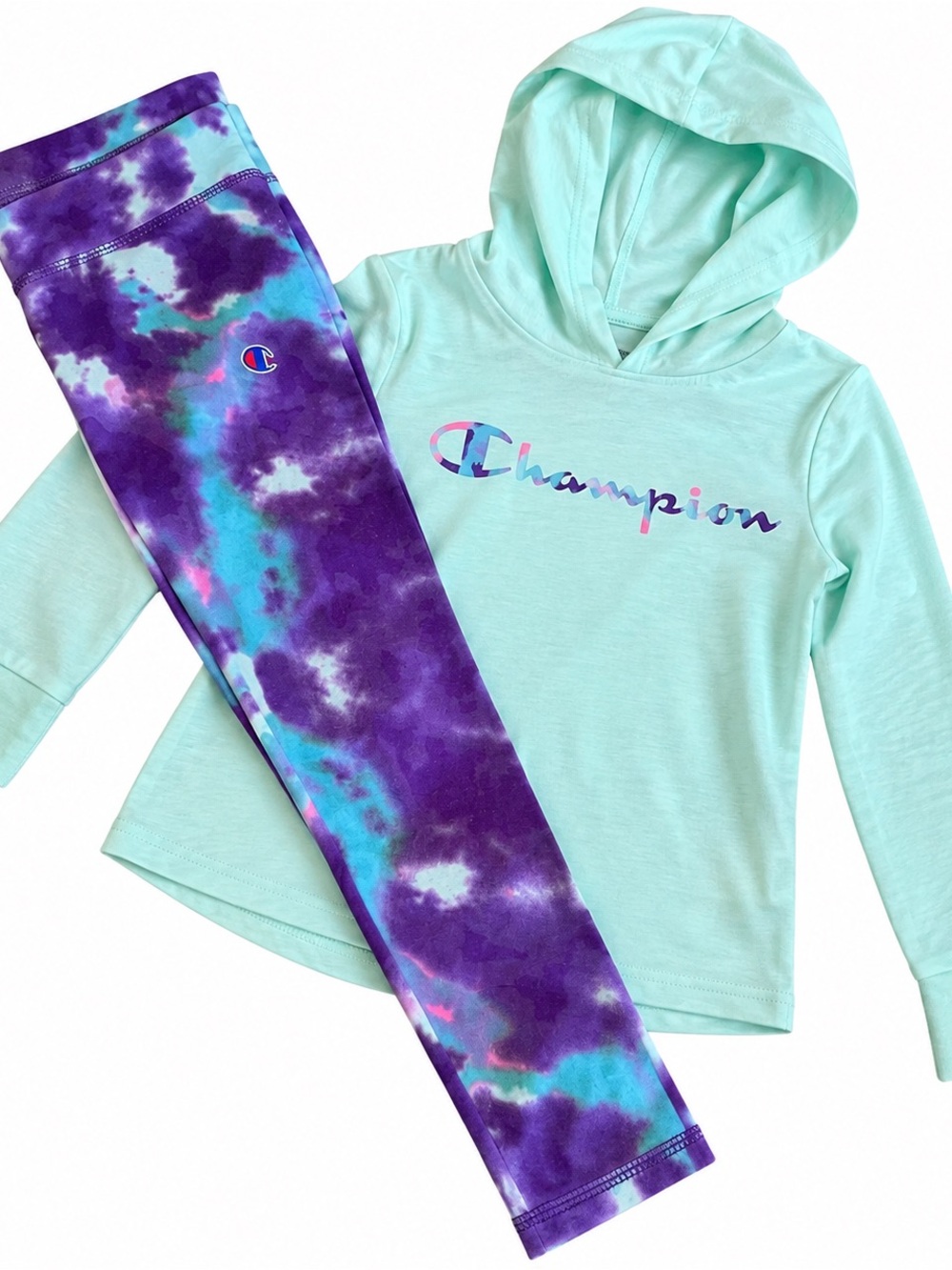 Champion Girls Mint Hoodie with Purple & Teal Tie-Dye Leggings
